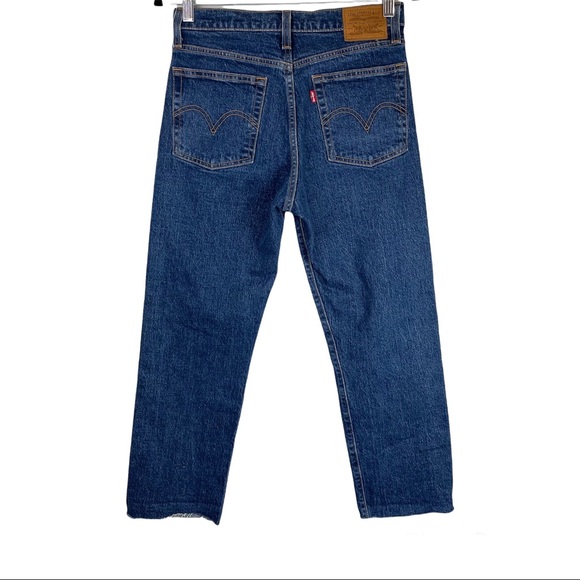 Levi’s Premium Wedgie Straight Jeans Blue Raw Hem Button Fly Sz 27 Dark Wash - Picture 3 of 13